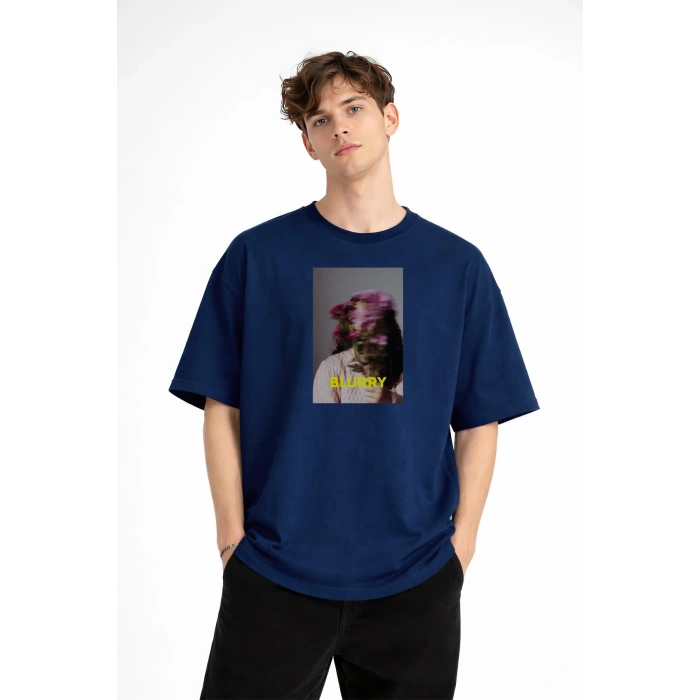Blurry - Oversize Erkek Tişört Koyu Mavi