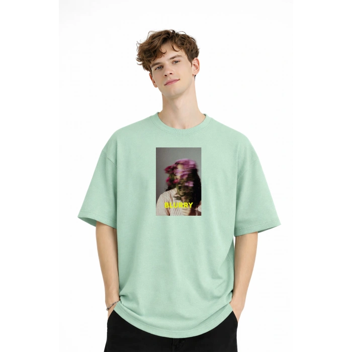 Blurry - Oversize Erkek Tişört SU YESILI