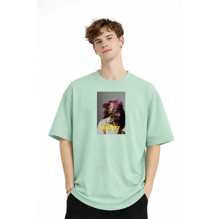Blurry - Oversize Erkek Tişört SU YESILI