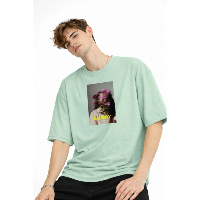 Blurry - Oversize Erkek Tişört SU YESILI