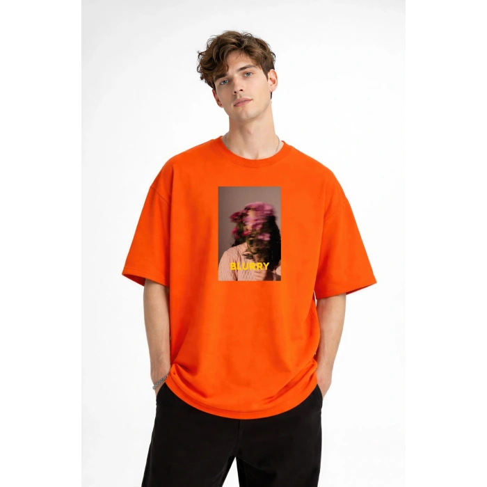 Blurry - Oversize Erkek Tişört TURUNCU
