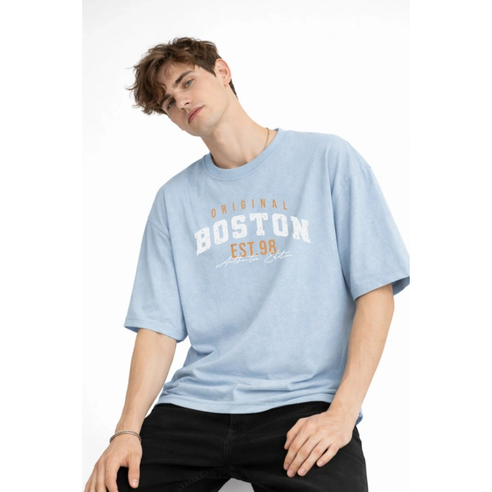 Boston - Baskılı Oversize Tişört AÇIK MAVİ