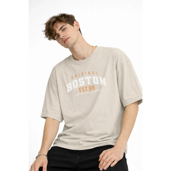 Boston - Baskılı Oversize Tişört BEJ