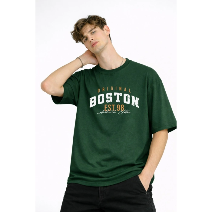 Boston - Baskılı Oversize Tişört HAKI