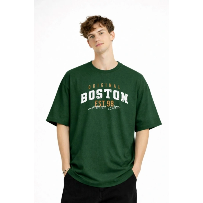 Boston - Baskılı Oversize Tişört HAKI
