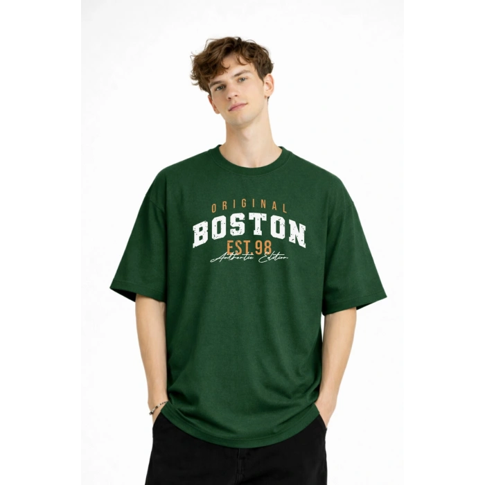 Boston - Baskılı Oversize Tişört HAKI