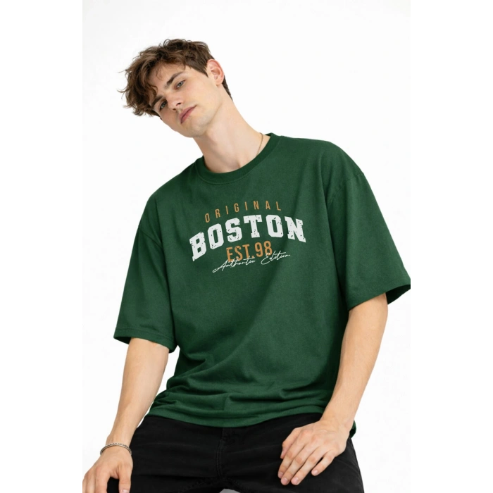 Boston - Baskılı Oversize Tişört HAKI