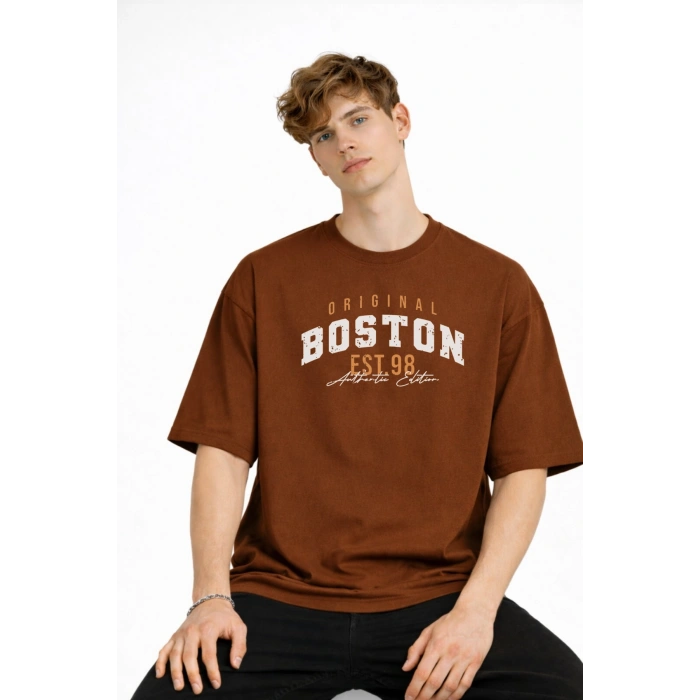 Boston - Baskılı Oversize Tişört KAHVE
