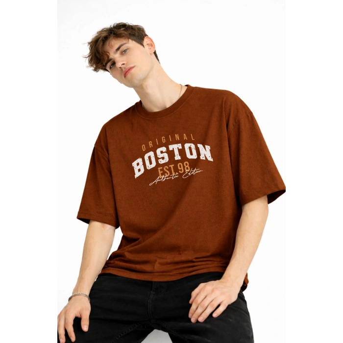 Boston - Baskılı Oversize Tişört KAHVE