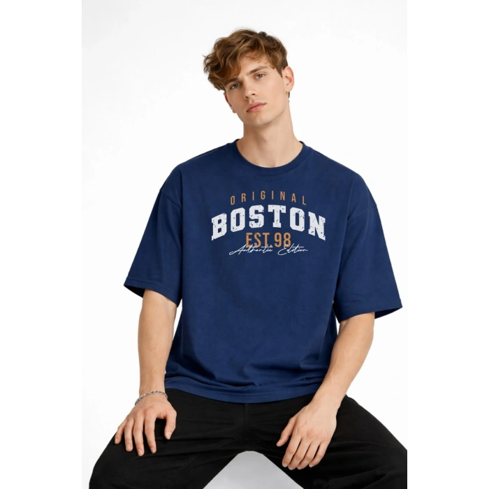 Boston - Baskılı Oversize Tişört LACIVERT