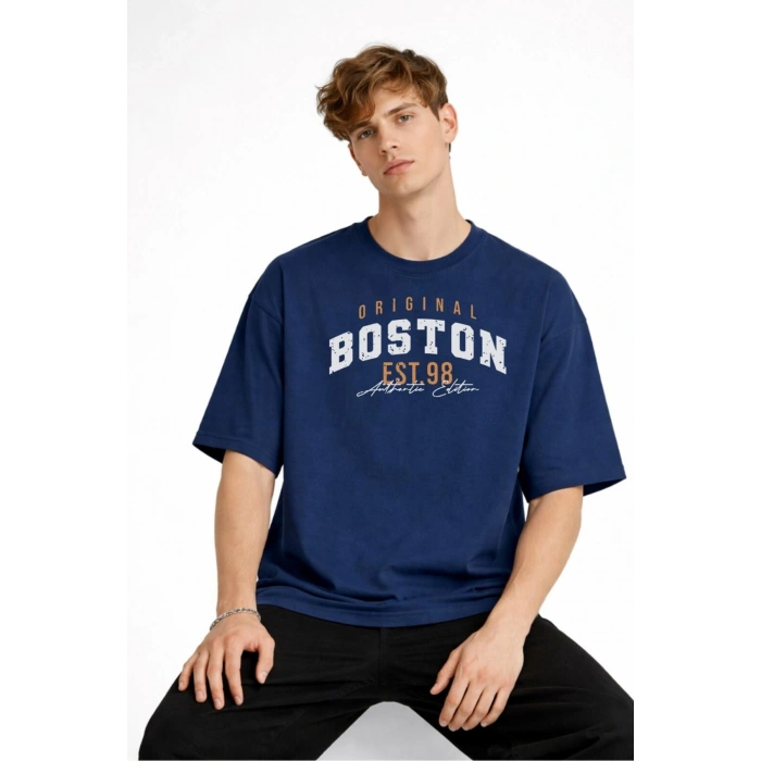 Boston - Baskılı Oversize Tişört LACIVERT