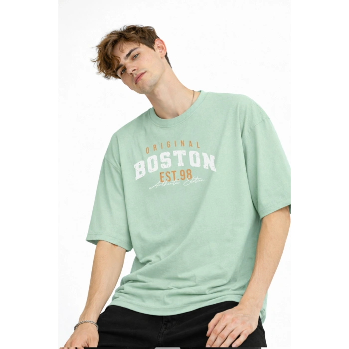 Boston - Baskılı Oversize Tişört SU YESILI