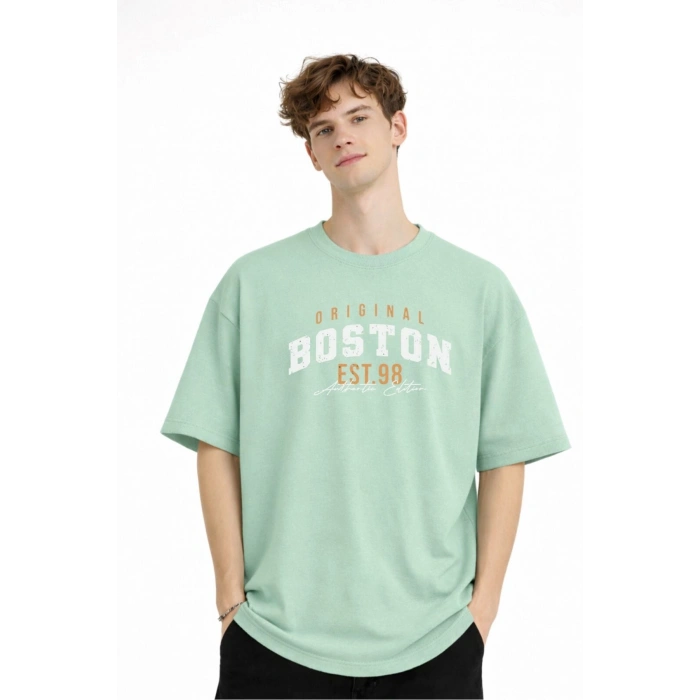 Boston - Baskılı Oversize Tişört SU YESILI