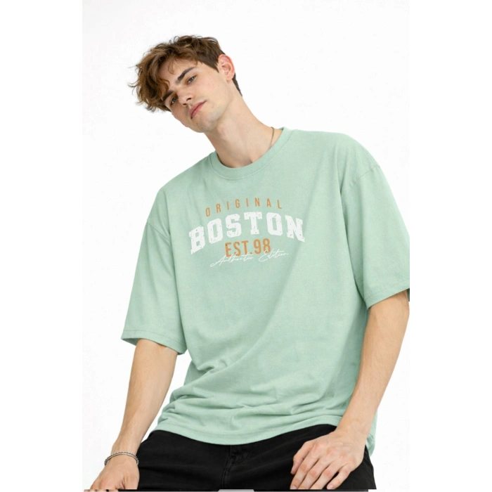Boston - Baskılı Oversize Tişört SU YESILI