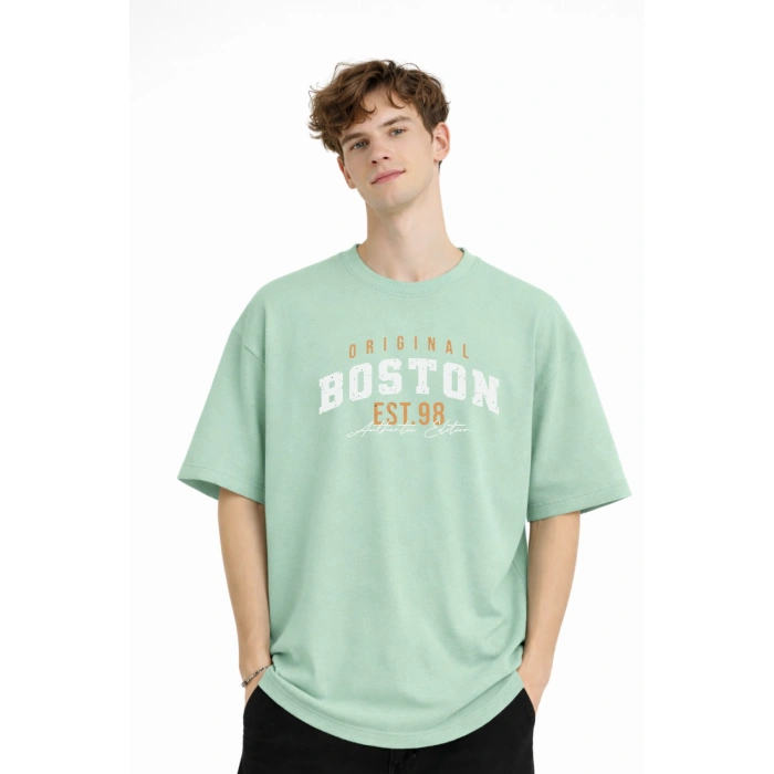 Boston - Baskılı Oversize Tişört SU YESILI