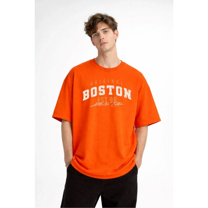 Boston - Baskılı Oversize Tişört TURUNCU