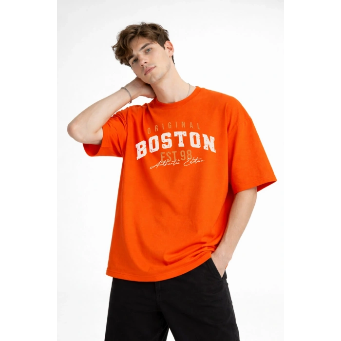 Boston - Baskılı Oversize Tişört TURUNCU