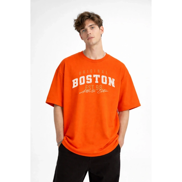Boston - Baskılı Oversize Tişört TURUNCU