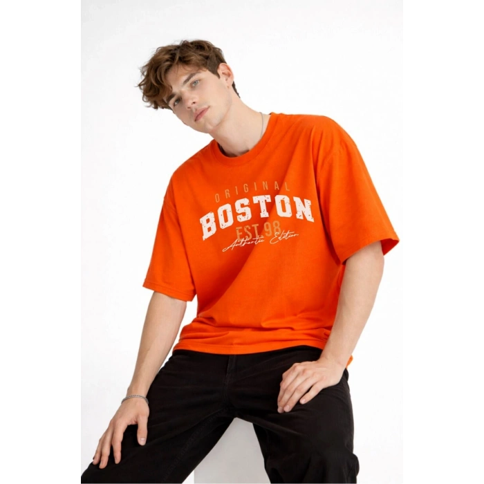 Boston - Baskılı Oversize Tişört TURUNCU