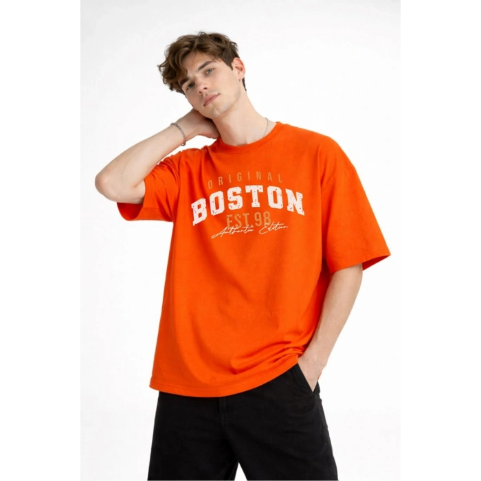 Boston - Baskılı Oversize Tişört TURUNCU