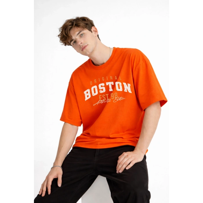 Boston - Baskılı Oversize Tişört TURUNCU
