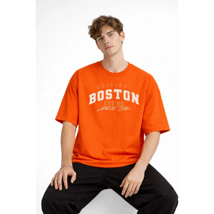 Boston - Baskılı Oversize Tişört TURUNCU