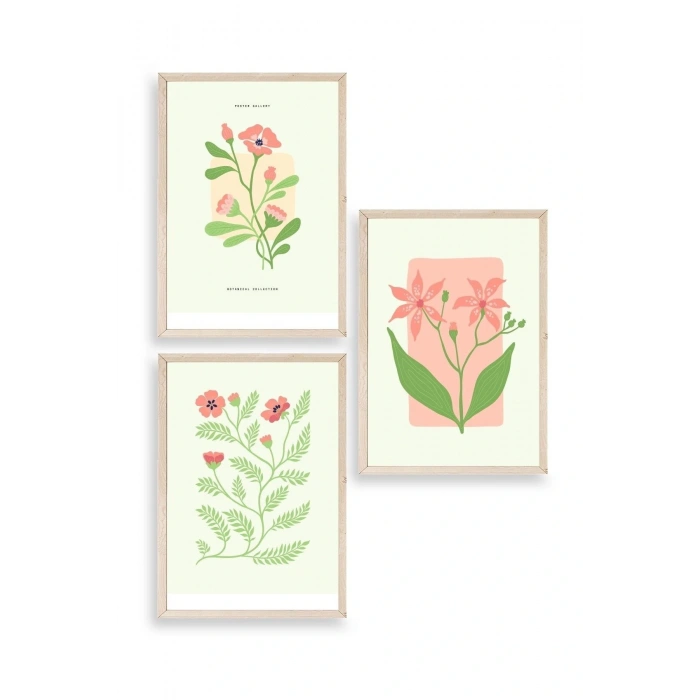 Botanik Üçlü Ahşap Çerçeveli Tablo 50 x 70