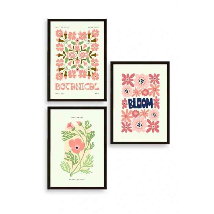 Botanik Üçlü Ahşap Çerçeveli Tablo 50 x 70