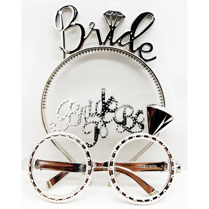 Bride Yazılı Taç ve Bride To Be Yazılı Gözlük Seti Gümüş Renk (5365)