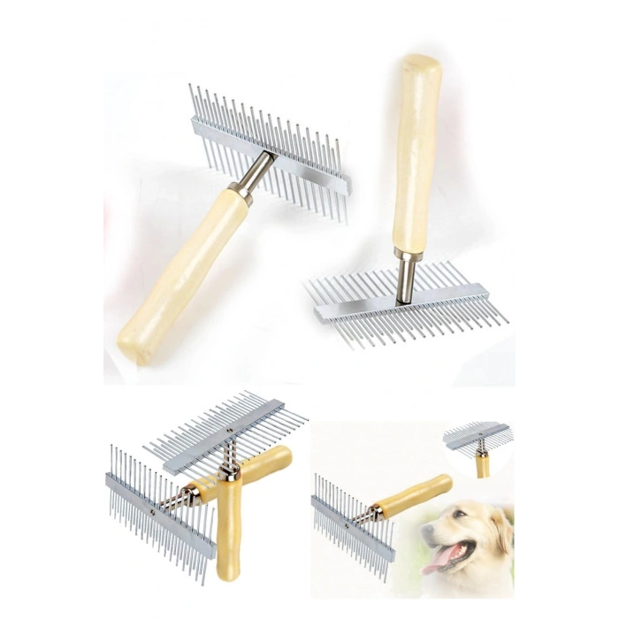 BUFFER® Çift Taraflı Ahşap Saplı Ergonomik Evcil Hayvan Fırçası Tarağı