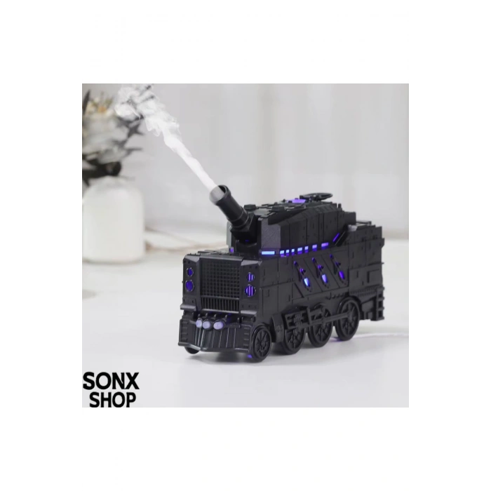 Buhar Efektli Zırhlı Tren Tasarımlı Aromaterapi Hava Nemlendirici – LED Işıklı, Sessiz ve USB Şarjlı