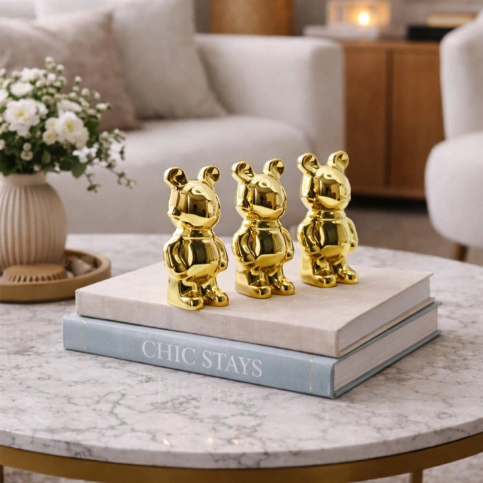 Large Bear Design Decorative Figurine - Ceramic - Shiny Gold