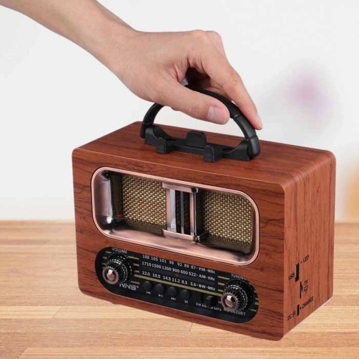 Büyük Boy Retro, Nostaljik, Ahşap Tasarım Bluetooth Hoparlörlü, Şarjlı, Taşınabilir FM/AM Destekli Radyo NS-6635 (5365)