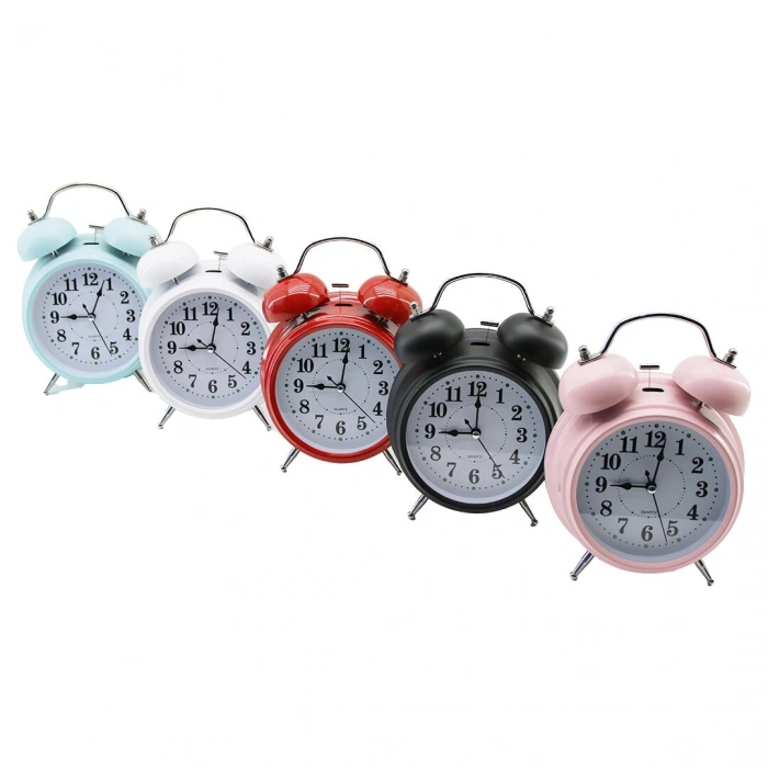 BÜYÜK KLASİK MODEL MASA ÇALAR SAAT PİLLİ - LEDLİ IŞIKLI YUVARLAK - RENKLİ METAL KASA ÇAP:15CM (5365)