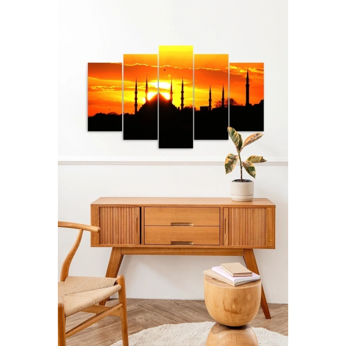 Camii Manzarası Güneş 5 Parçalı Mdf Tablo 60 x 100