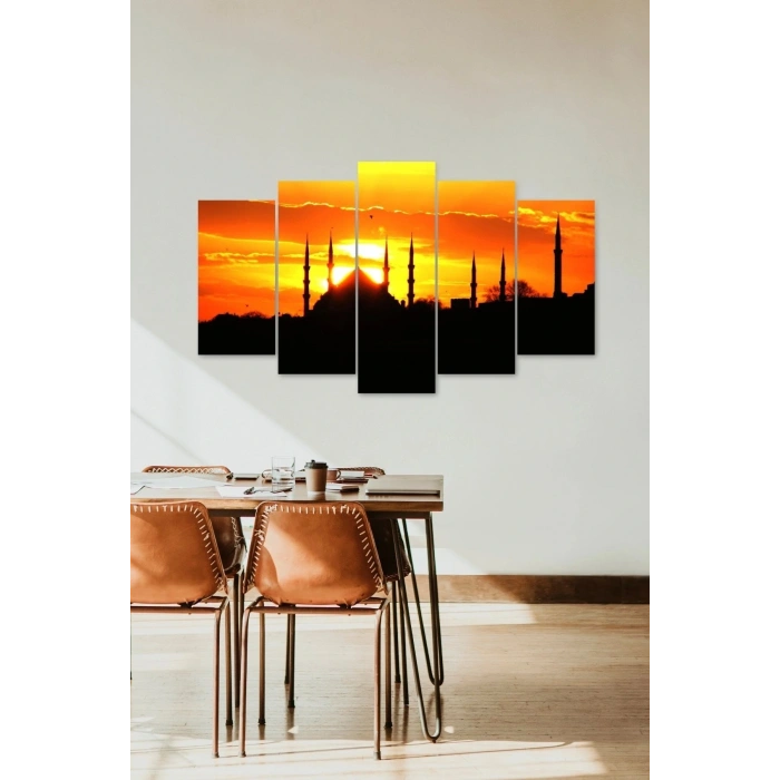 Camii Manzarası Güneş 5 Parçalı Mdf Tablo 60 x 100