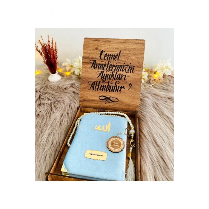 Canım Annem Ahşap Kutulu Anahtarlıklı Mavi Yasin-i Şerif Seti