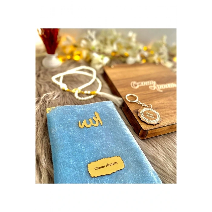 Canım Annem Ahşap Kutulu Anahtarlıklı Mavi Yasin-i Şerif Seti