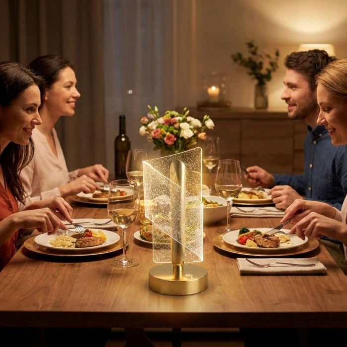 Çapraz Kavisli Kristal Simli LED Masa Lambası – Gold Gövdeli, Dokunmatik, 3 Kademe Işık Ayarlı Şarjlı Dekoratif Lamba (5365)