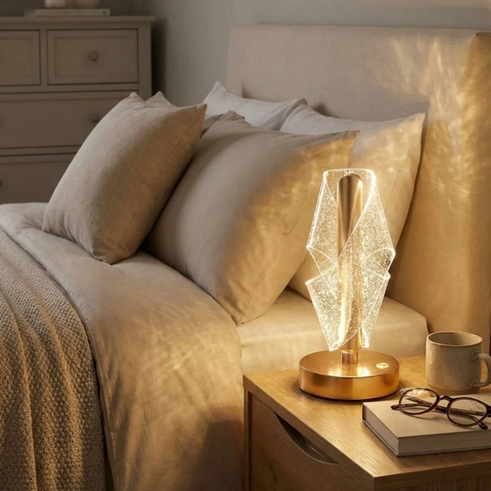 Çapraz Kavisli Ters Kristal Simli LED Masa Lambası – Gold Gövdeli, Dokunmatik, 3 Kademe Işık Ayarlı Şarjlı Dekoratif Lamba (5365)