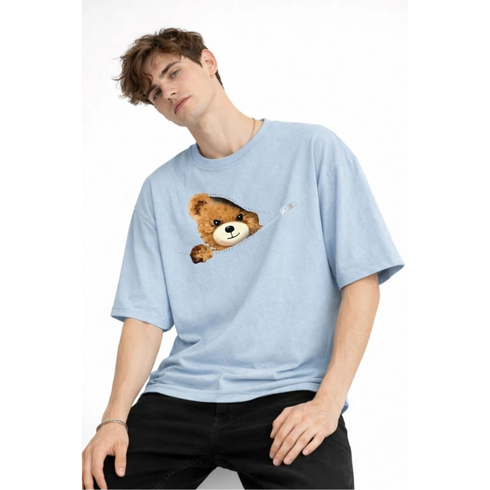 CH - Bear Baskılı Oversize Tişört AÇIK MAVİ