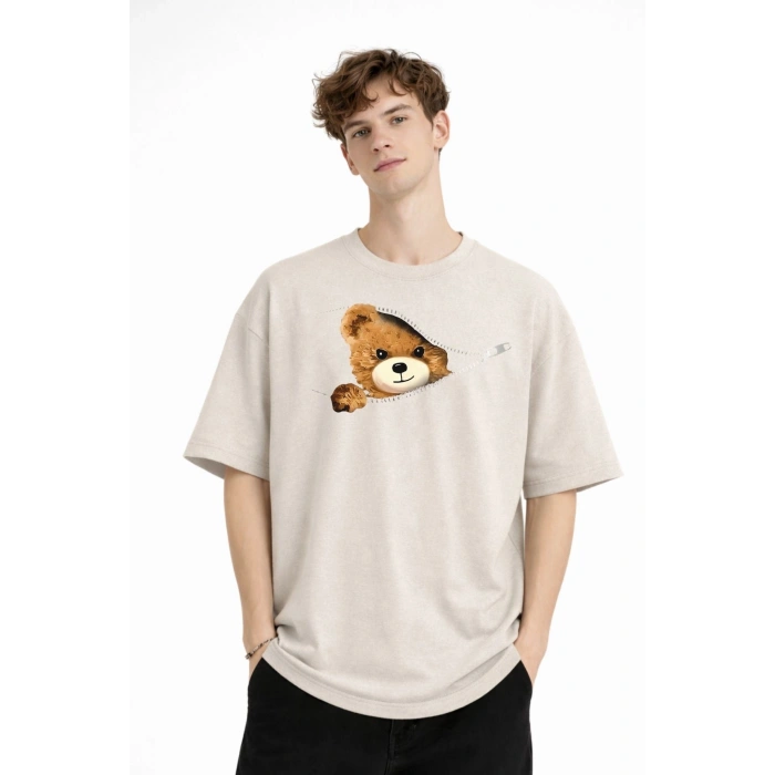 CH - Bear Baskılı Oversize Tişört BEJ