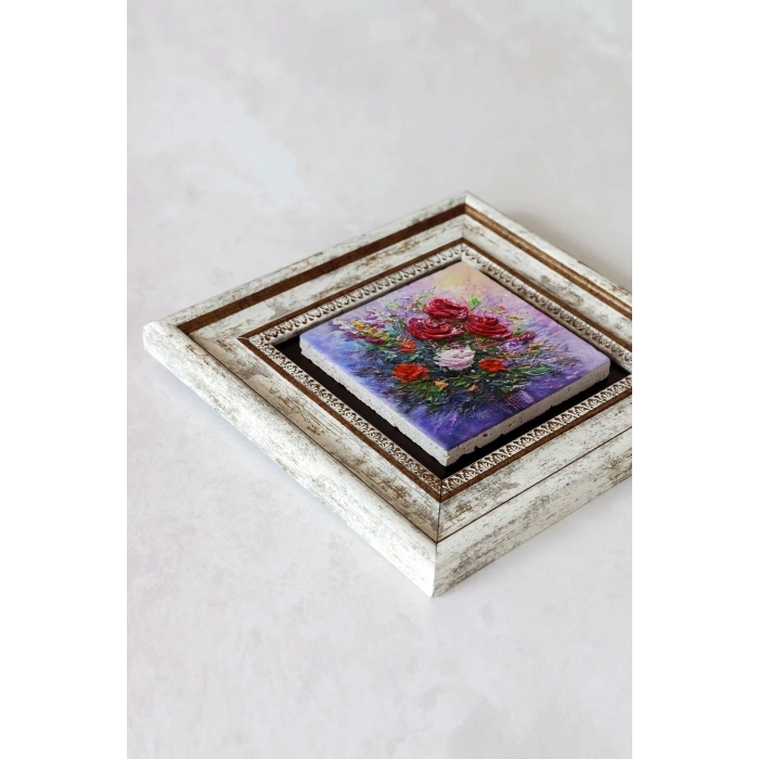 Çiçek Çerçeveli Taş Tablo , Çerçeveli Taş Duvar Dekoru-enkcrcvtbl-00203 20 cm