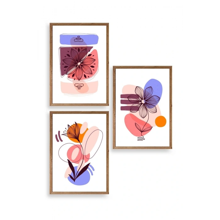 Çiçek Desenli Üçlü Ahşap Çerçeveli Tablo 17 x 23