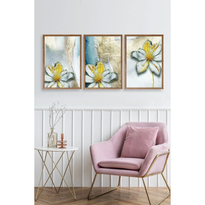 Çiçek Desenli Üçlü Ahşap Çerçeveli Tablo 17 x 23