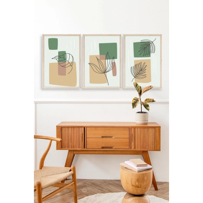 Çiçek Desenli Üçlü Ahşap Çerçeveli Tablo 17 x 23