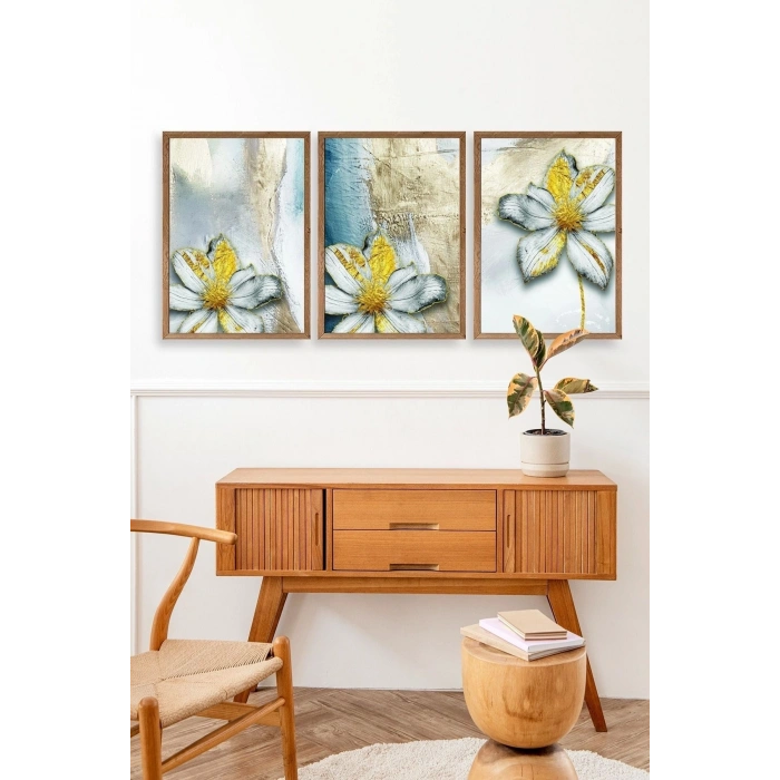 Çiçek Desenli Üçlü Ahşap Çerçeveli Tablo 17 x 23