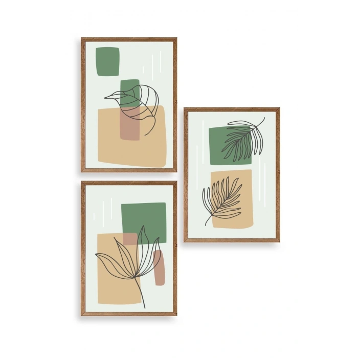 Çiçek Desenli Üçlü Ahşap Çerçeveli Tablo 23 x 30