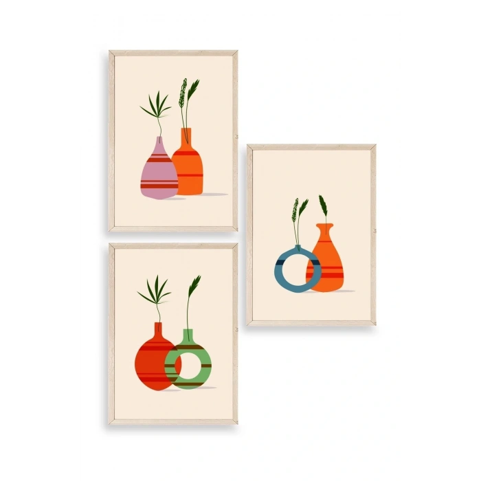 Çiçek Desenli Üçlü Ahşap Çerçeveli Tablo 23 x 30