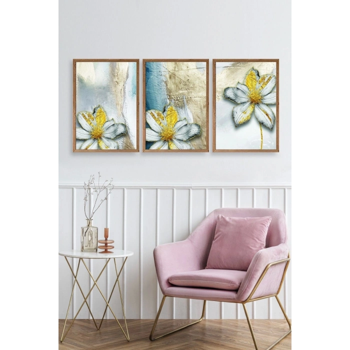 Çiçek Desenli Üçlü Ahşap Çerçeveli Tablo 23 x 30